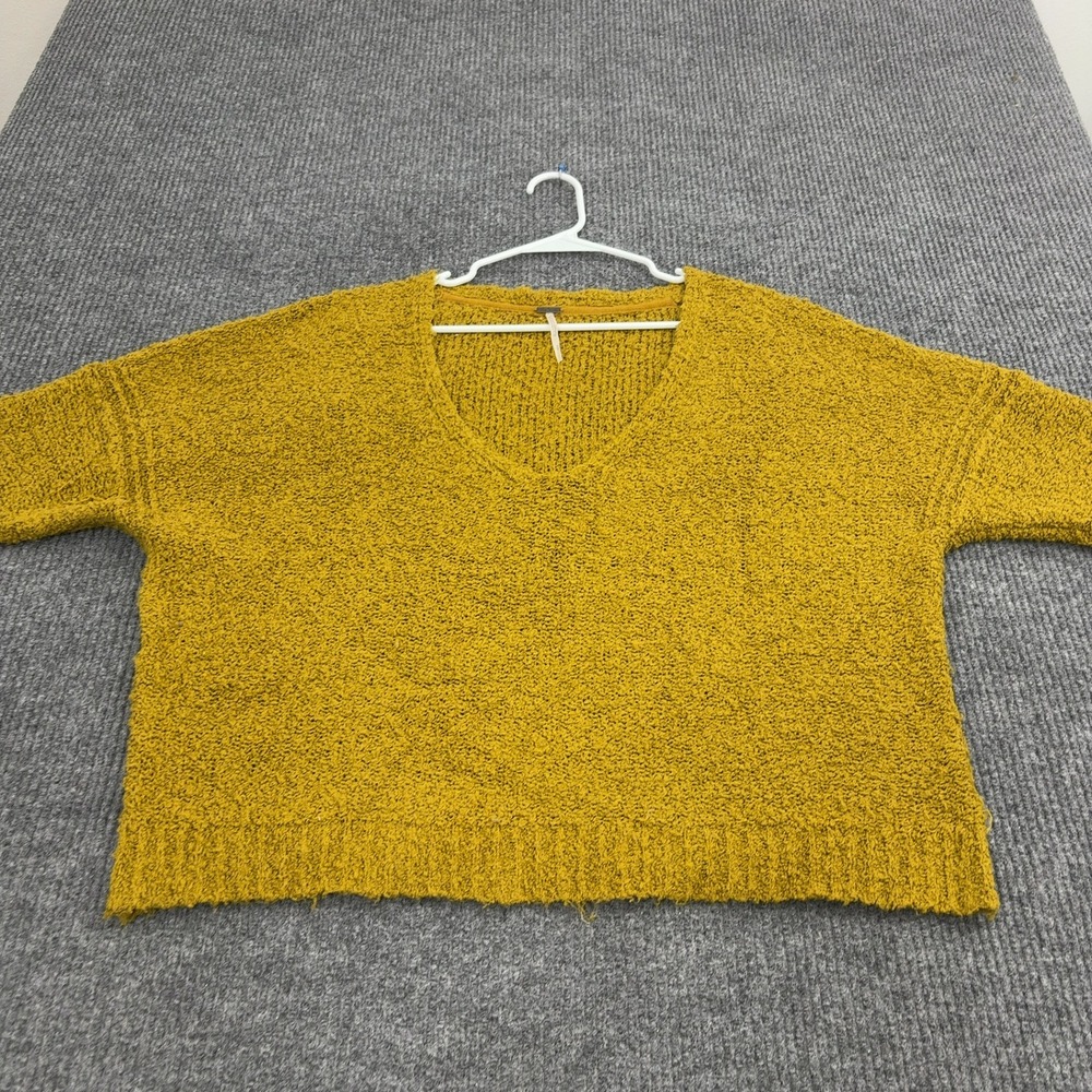 Free People Sweater Womens S Yellow Cotton Polyester Boucle V-Neck Slouchy Boho